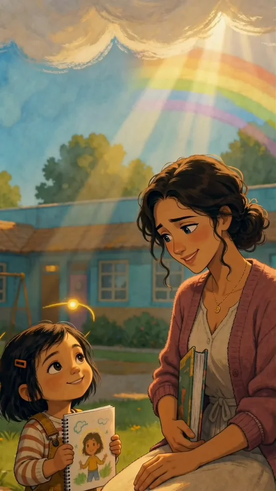 Animação 2D de mãe e filha sob um arco-íris
