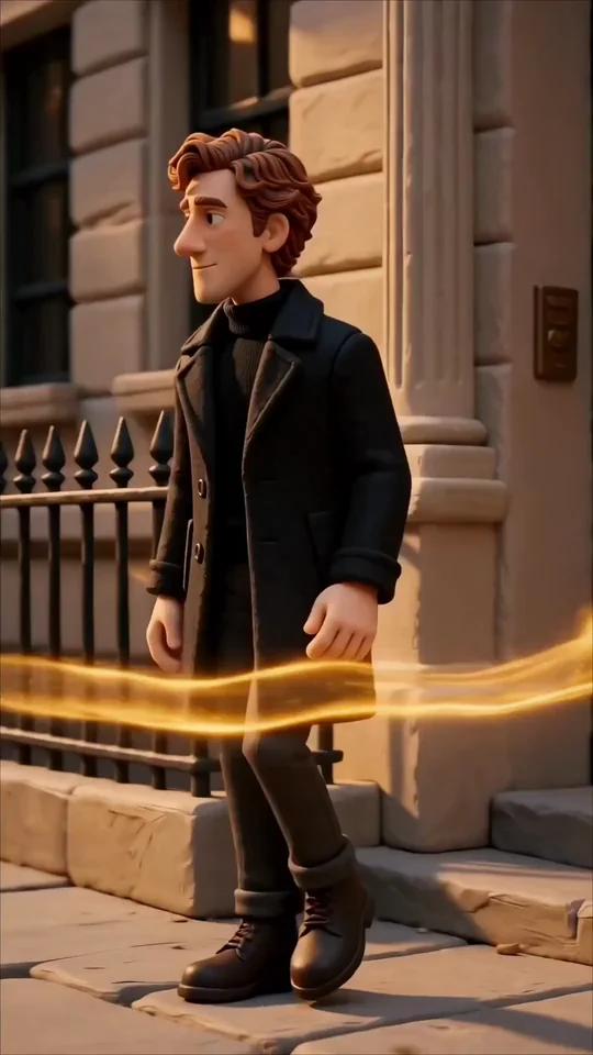 Personagem de massinha andando numa rua ao entardecer